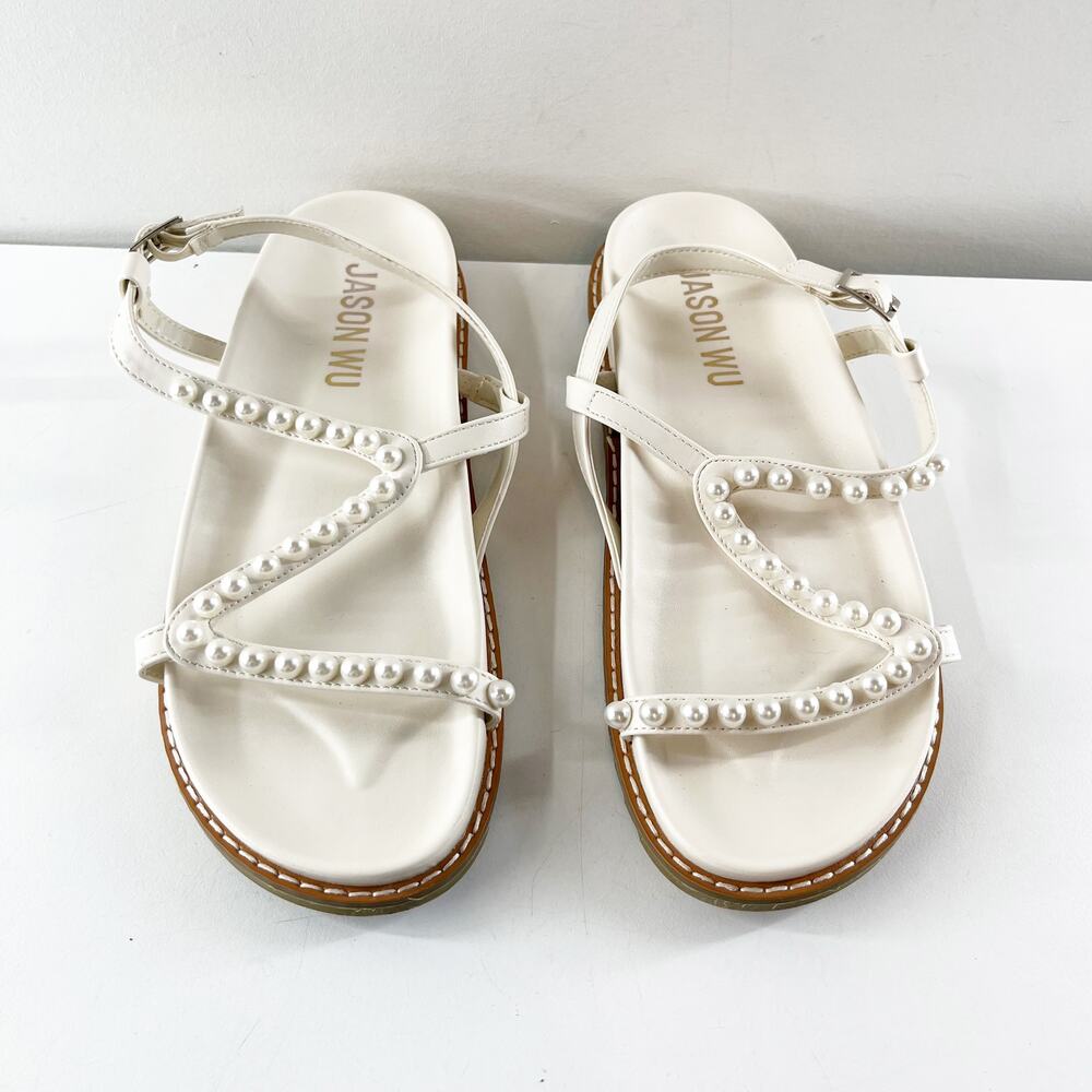 Jason Wu Pearl-Embellished Leather Strappy Flat Slingback Sandals White 8